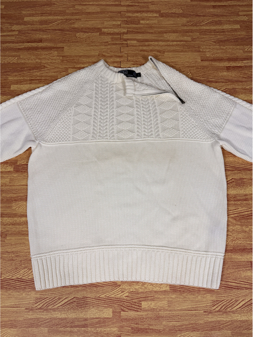 Vintage Polo Ralph Lauren Pima Cotton Cable Knit Zip Sweater Mens L Cream
